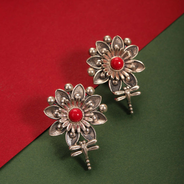 Mallika Queenfly Silver Stud With Red Stone Earrings by MOHA