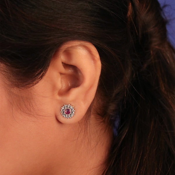 Mallika Silver Stud With Pink Stone Earrings by Moha