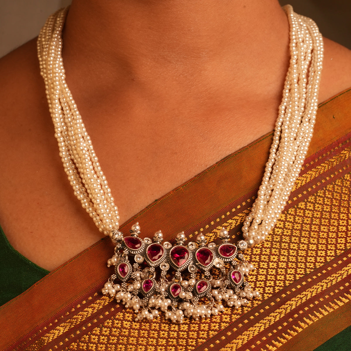 Maharashtrian Tanmani Silver Necklace (Pink) by Moha