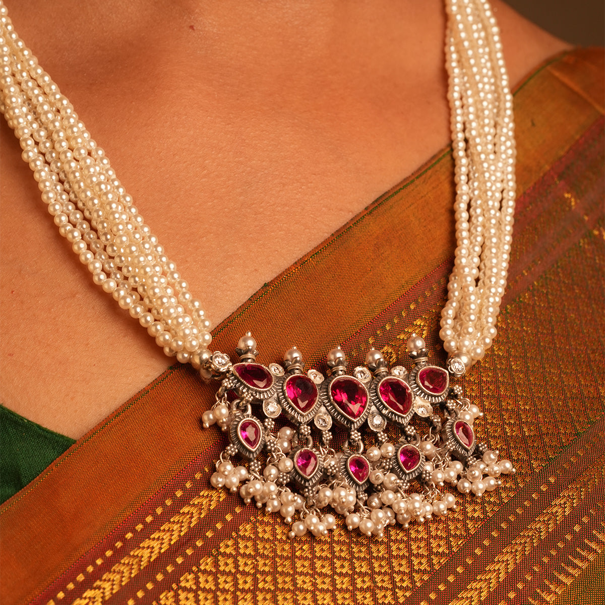 Maharashtrian Tanmani Silver Necklace (Pink) by Moha