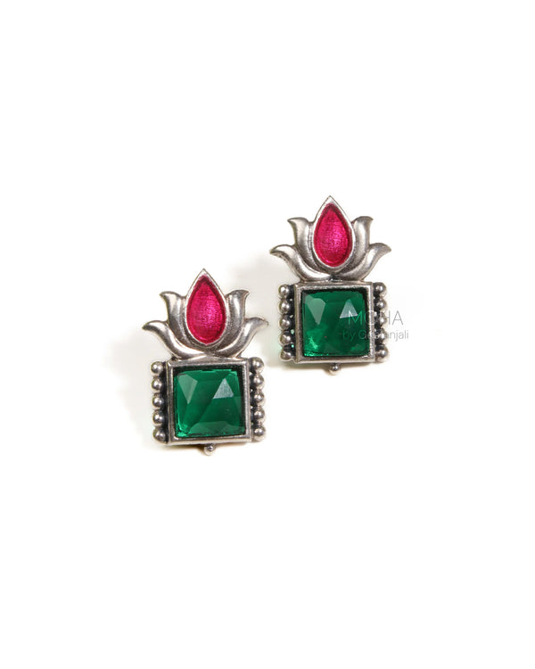 Padmini Silver Stud With Green Stone Earrings by MOHA