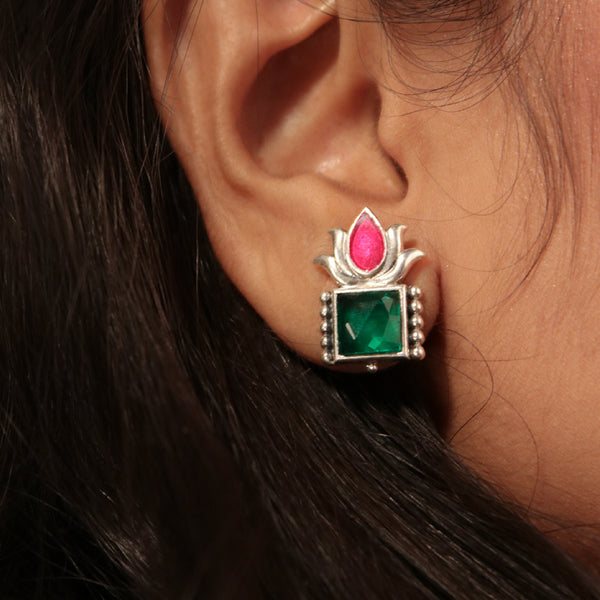 Padmini Silver Stud With Green Stone Earrings by MOHA