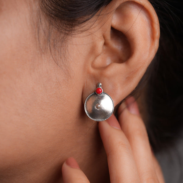Posha Silver Stud With Red Stone Earrings by MOHA