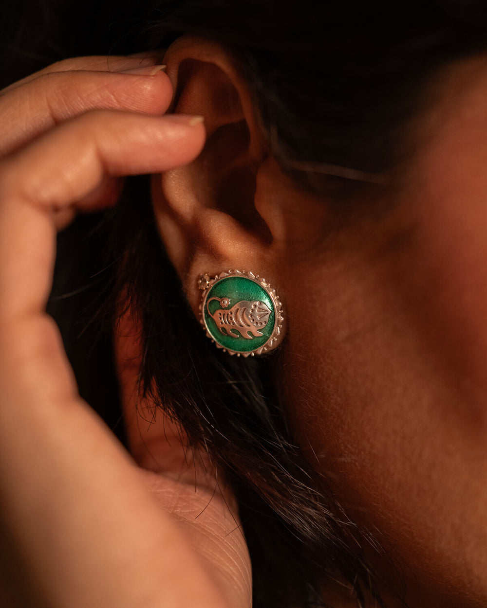 Shardul Silver Stud Earrings by MOHA (Green)