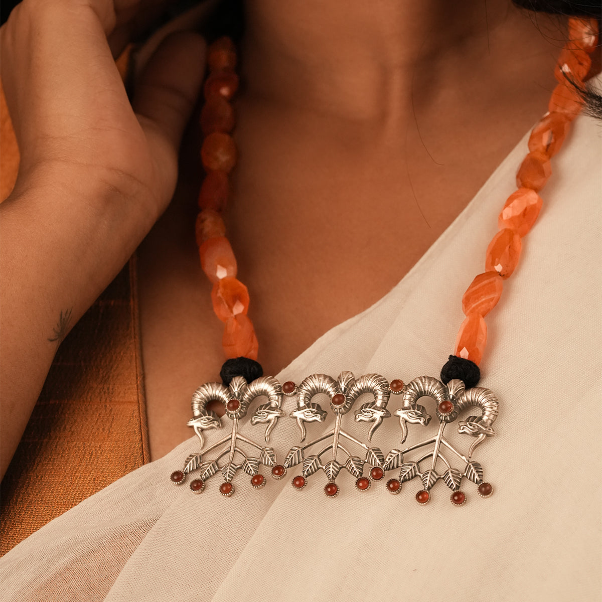 Shringa Silver Necklace with Carnelian stone By Moha