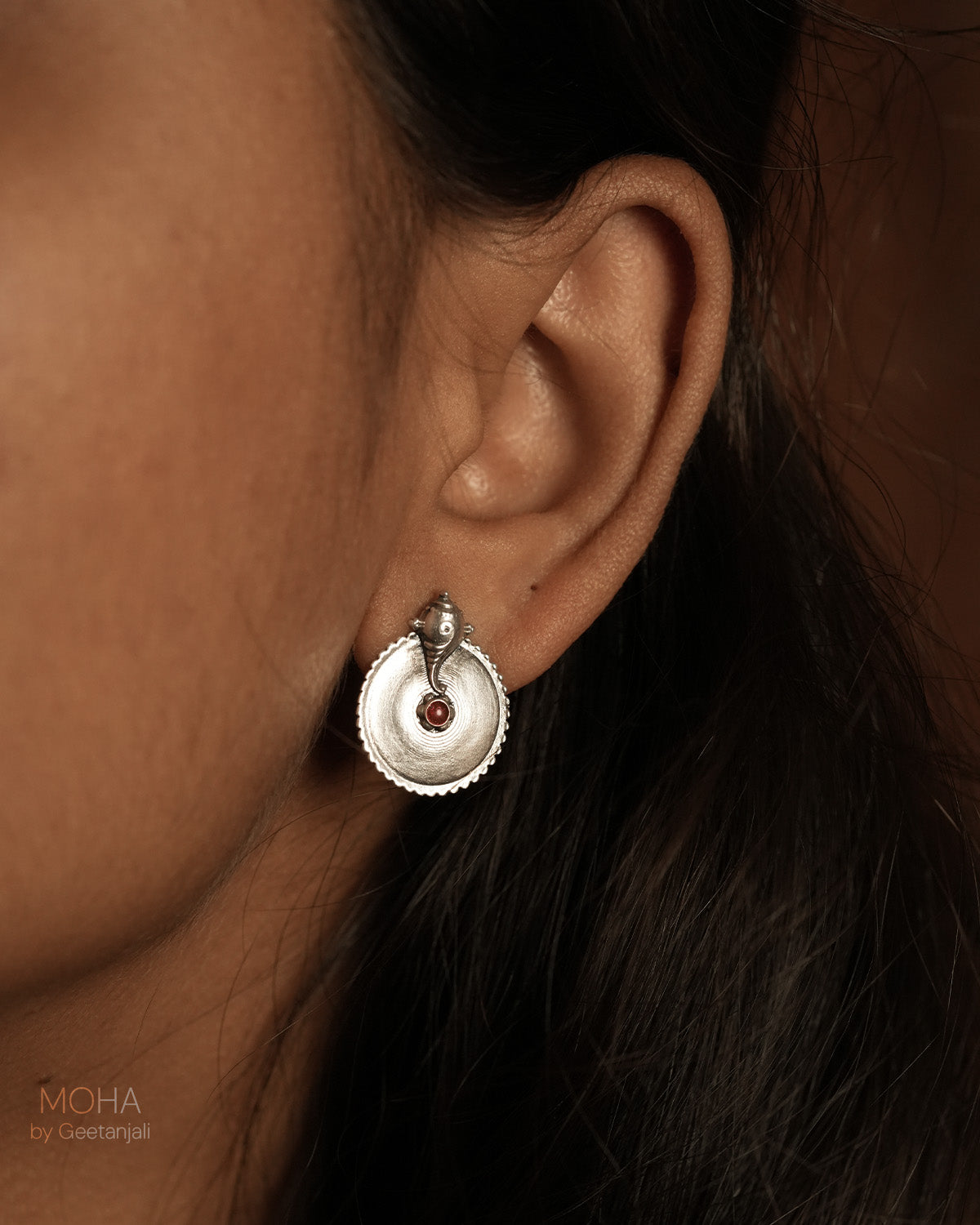 Shubh Silver Stud With Red Stone Earrings by Moha