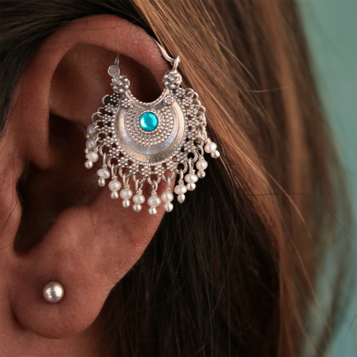 chandbali silver bugadi pierced single blue green by moha