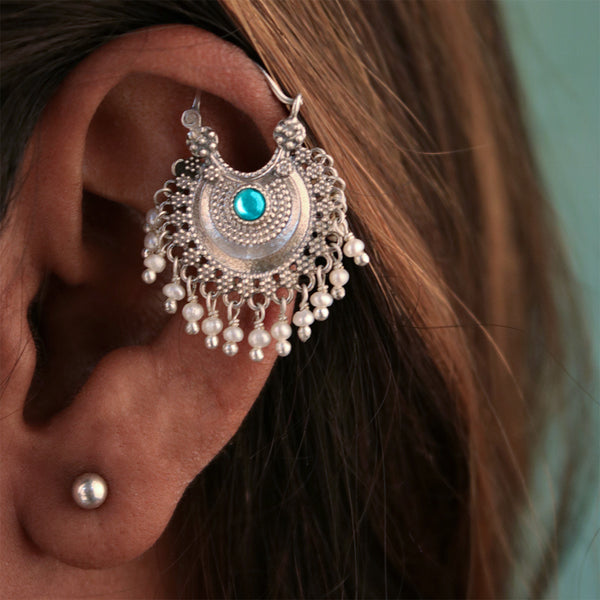 Chandbali Silver Bugadi Pierced (Single, Blue & Green) By Moha