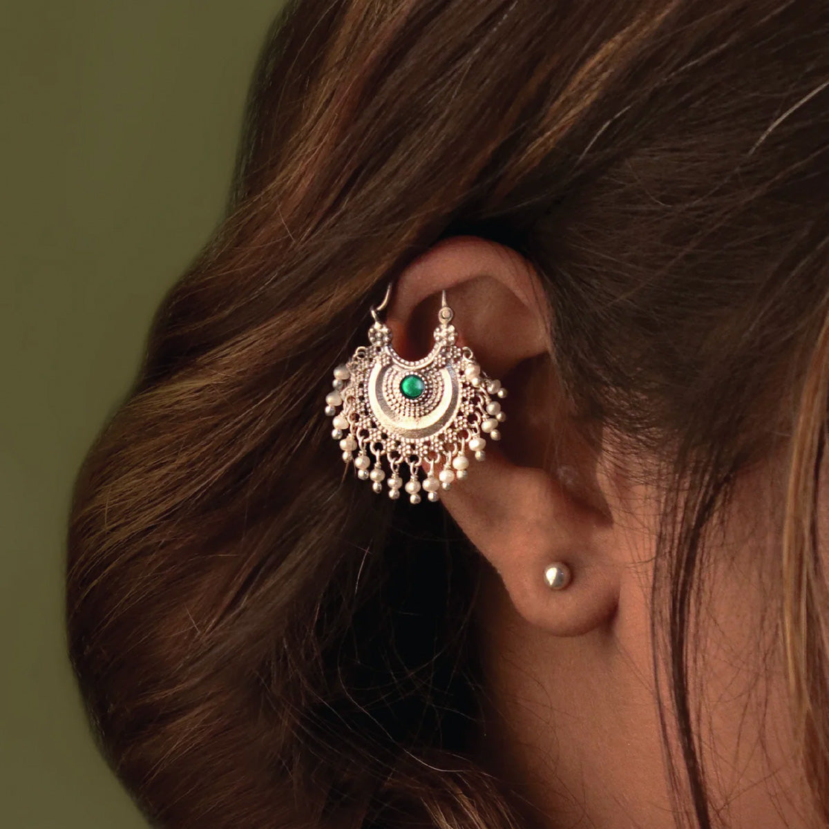 chandbali silver bugadi pierced single blue green by moha