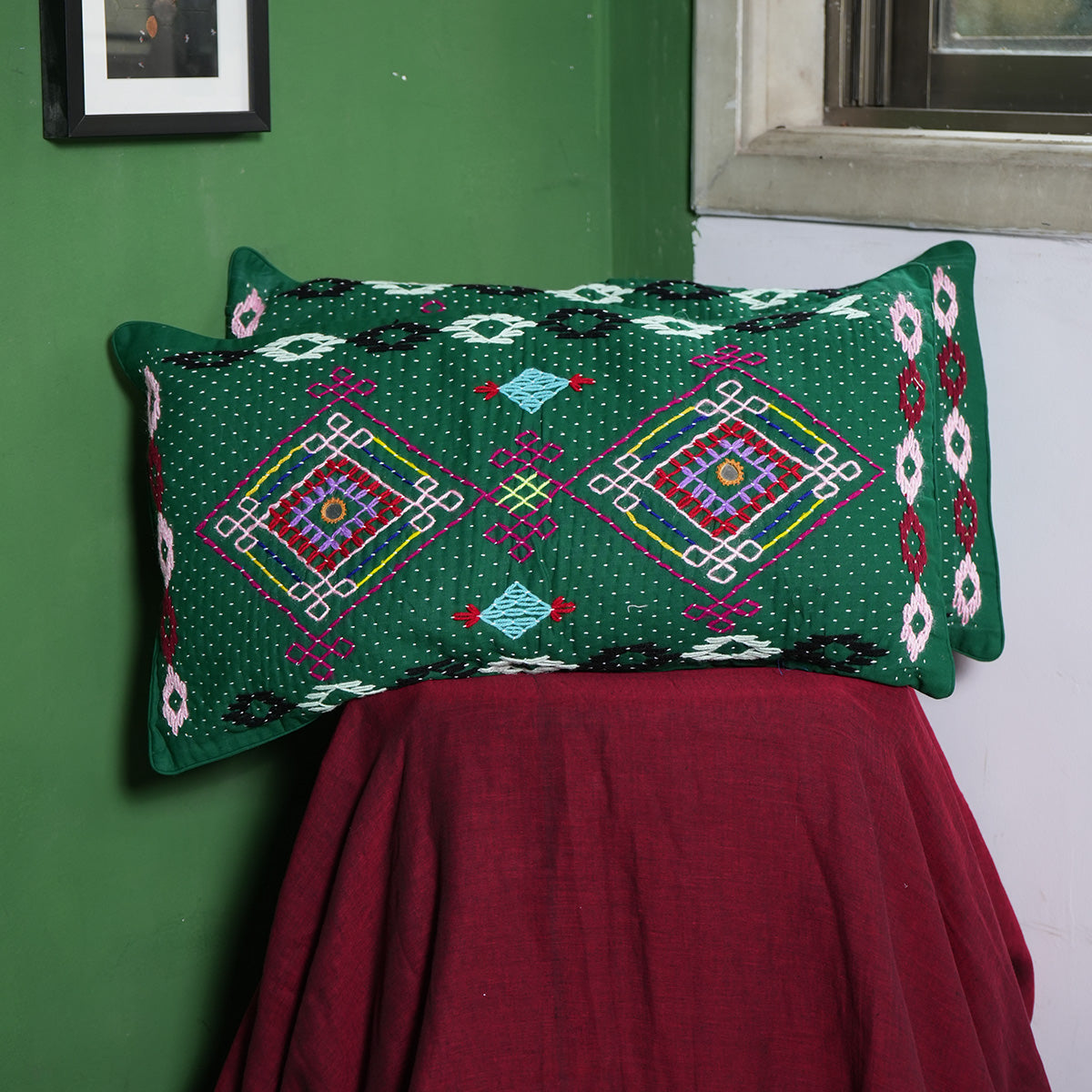 Hasti Pillow Covers (Green) by Kalbelia