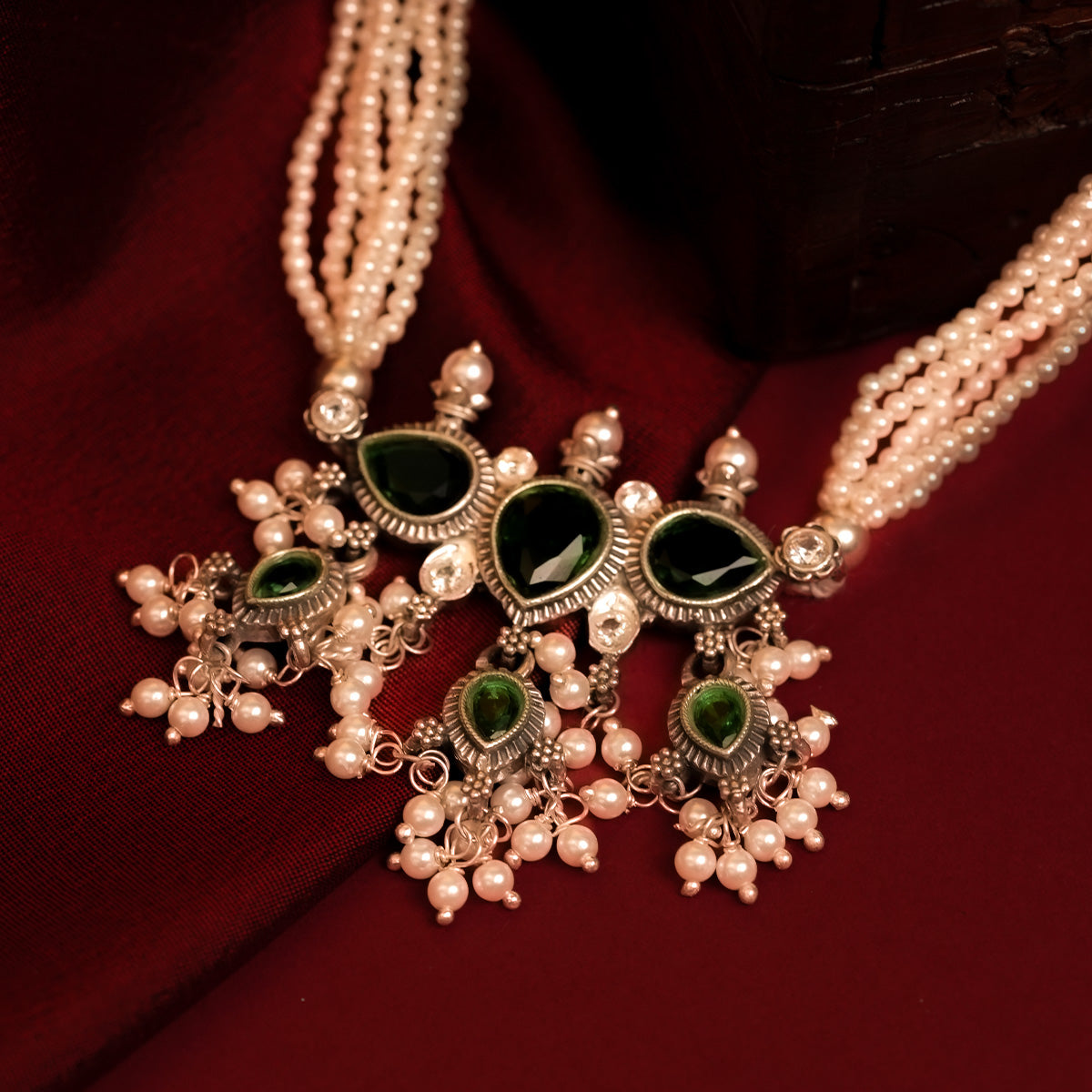 Maharashtrian Tanmani Silver Necklace (Green) by Moha