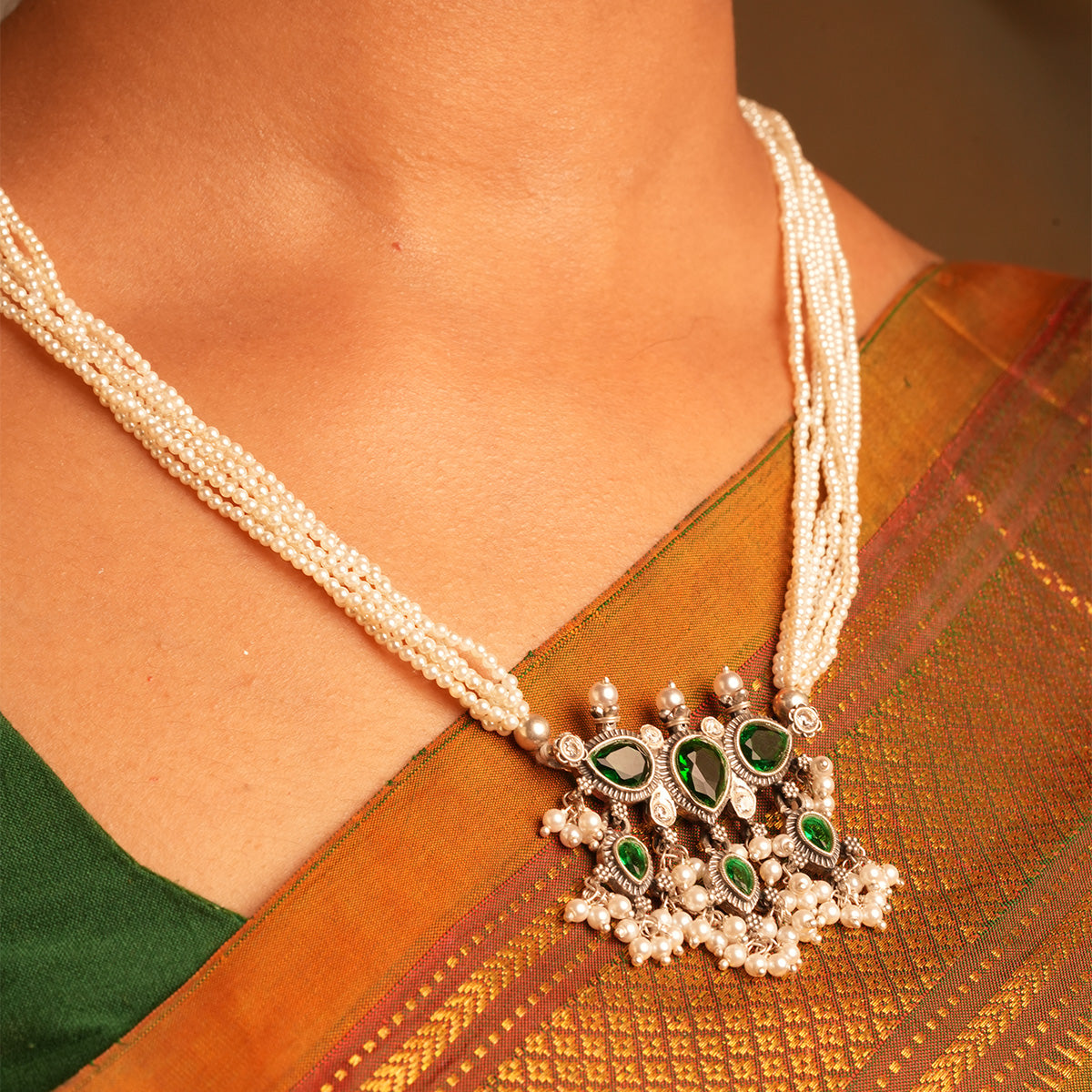 Maharashtrian Tanmani Silver Necklace (Green) by Moha