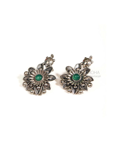 Mallika Kurma Silver Stud With Green Stone Earrings by MOHA