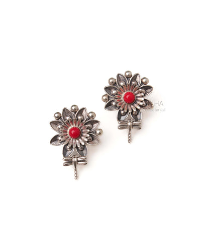Mallika Queenfly Silver Stud With Red Stone Earrings by MOHA