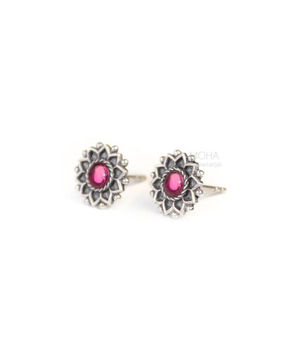Mallika Silver Stud With Pink Stone Earrings by Moha