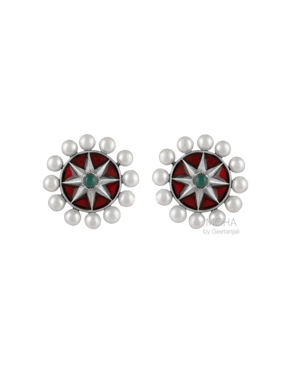 Moti Chakra Silver Stud With Green Stone Earring Tops By Moha