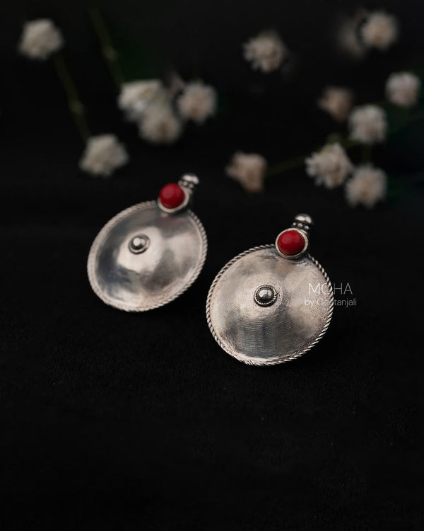 Posha Silver Stud With Red Stone Earrings by MOHA
