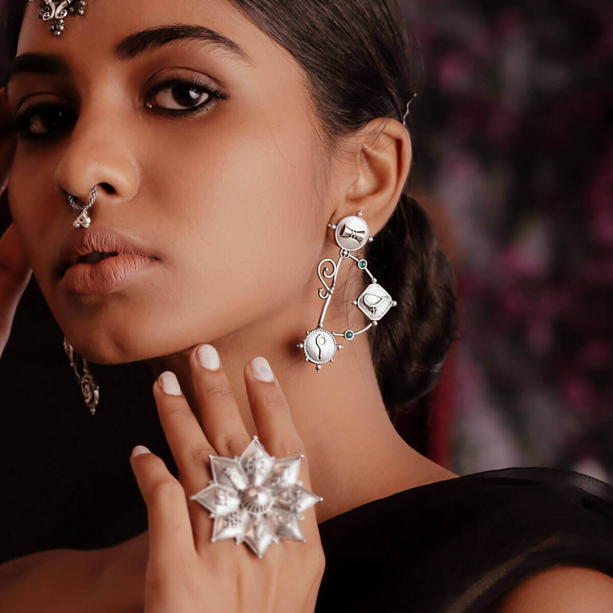 Dhanush Silver Earring - Green Stone - mohabygeetanjali
