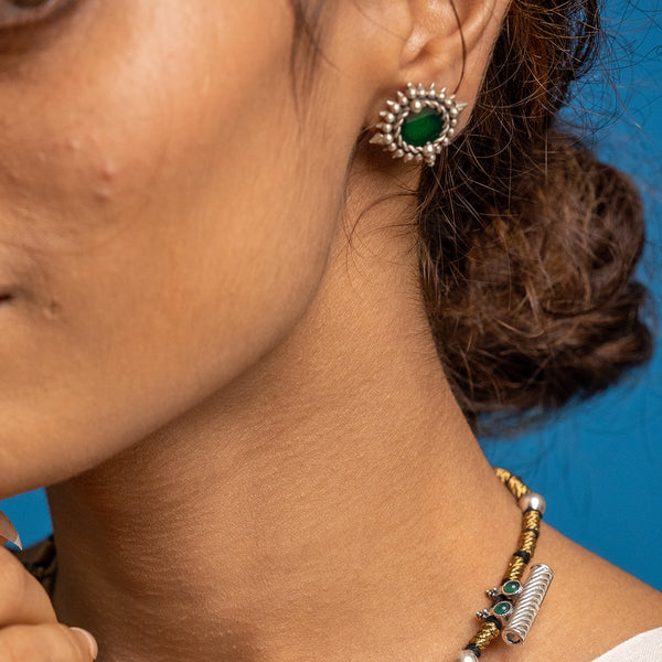 Green Meena Silver Stud Earring by MOHA