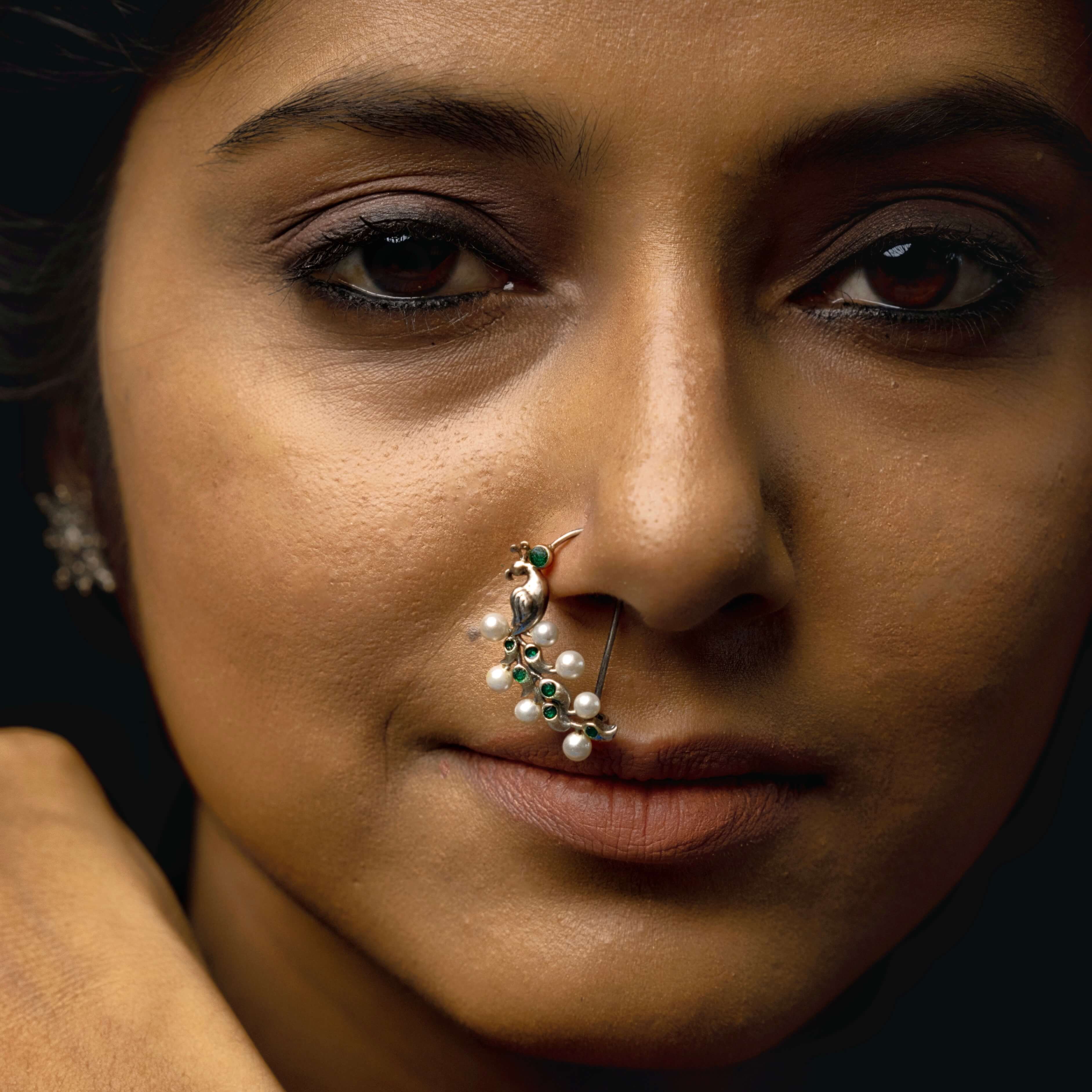 Pearl Peacock Silver Nath/Nose Ring By Moha - Pierced Right