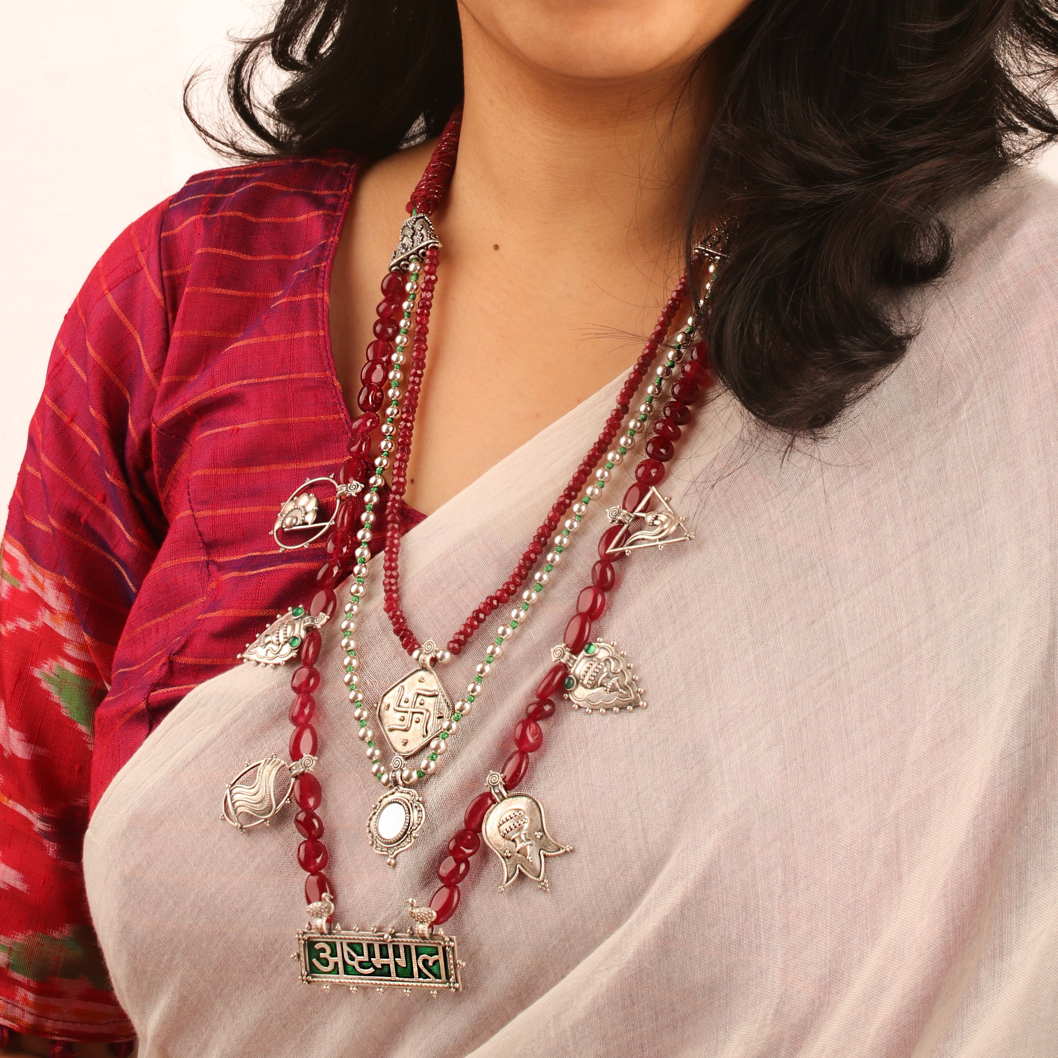Ashtamangal Silver Pendant 3 Layered Necklace By Moha