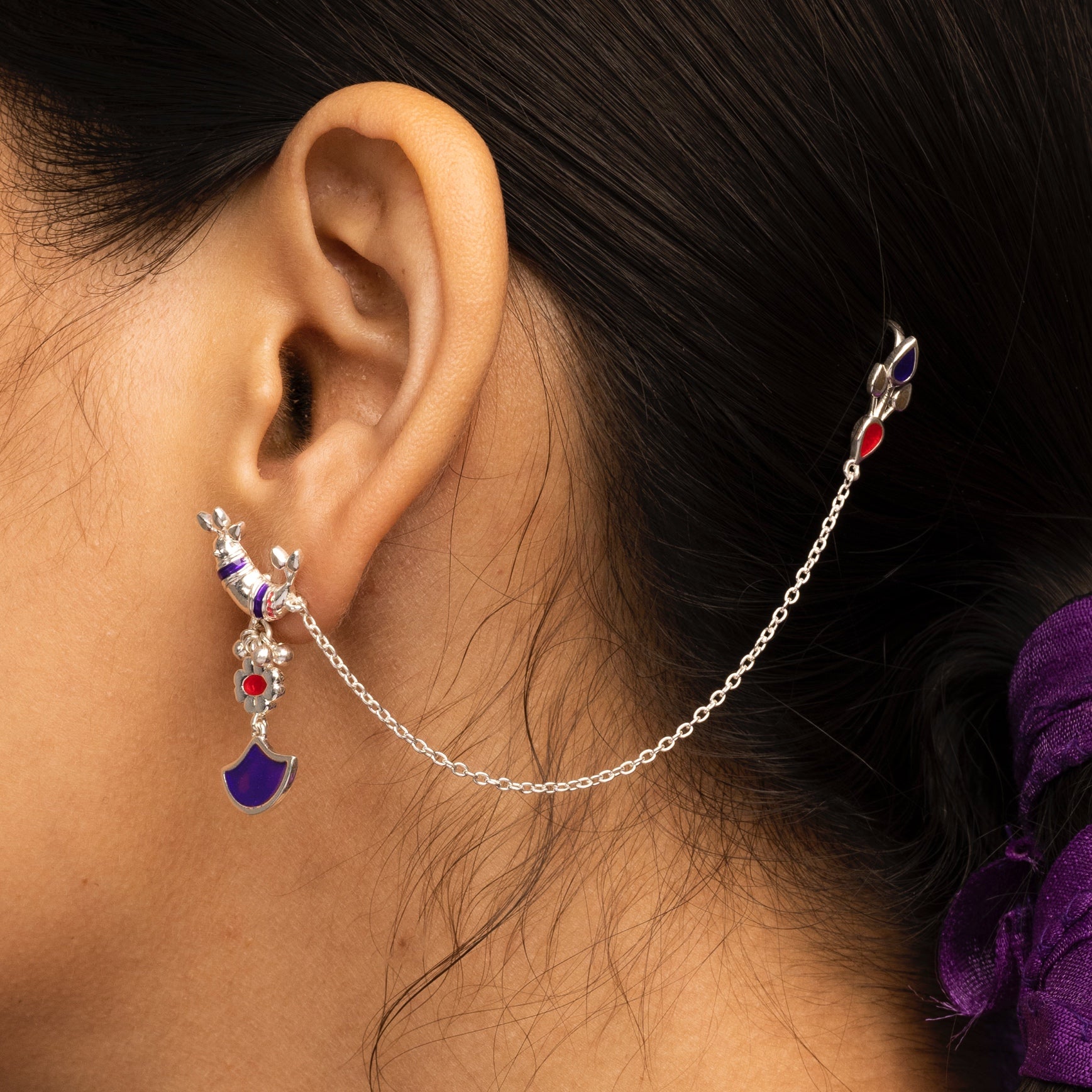 Pakhi Silver Earrings With Ear Chain By Moha