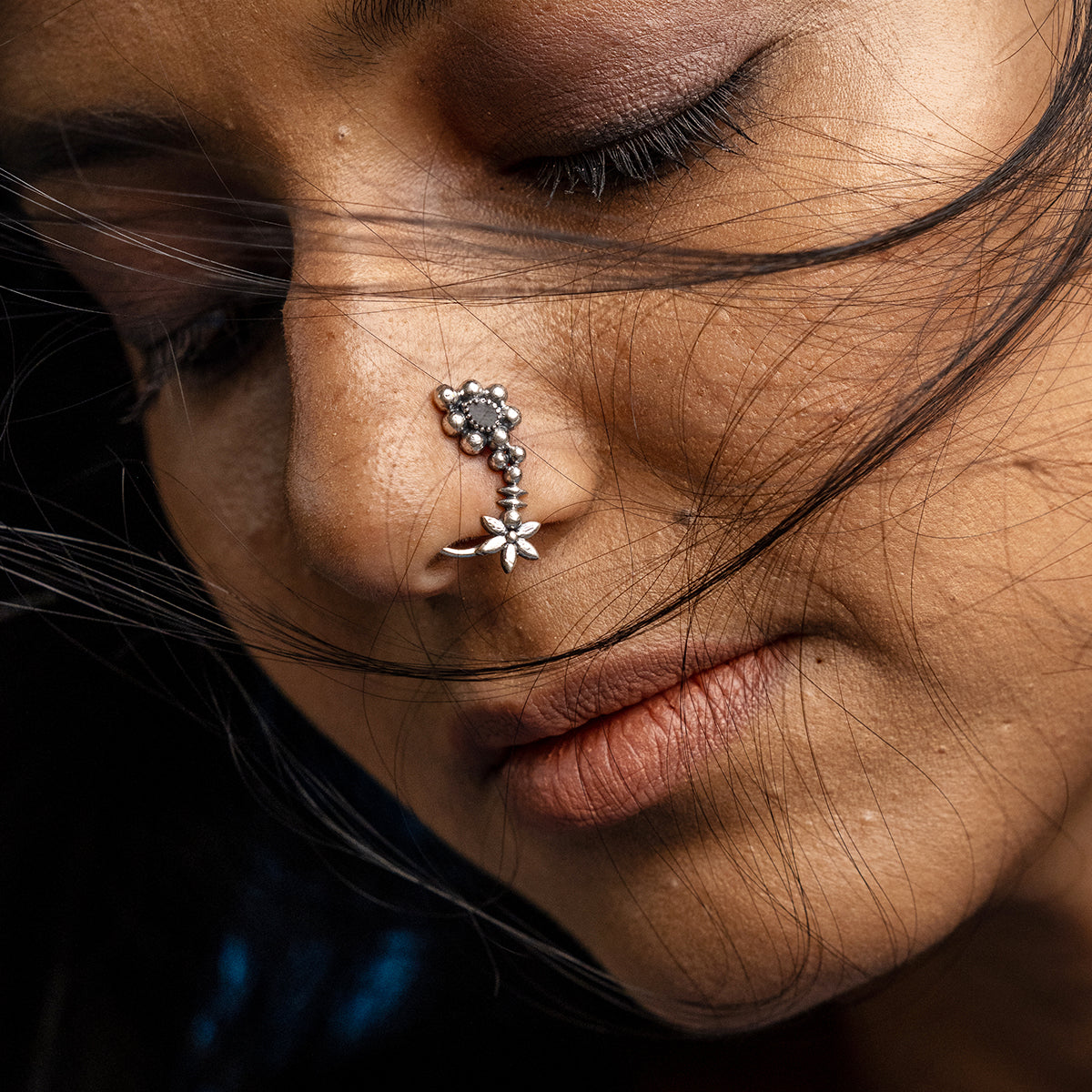 Maharashtrian Silver Nath/Nose Ring - Black, Clip On Left