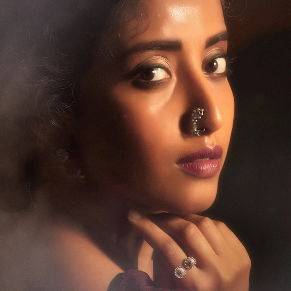 Maharashtrian Silver Nath Black (Clip On, Right) by MOHA
