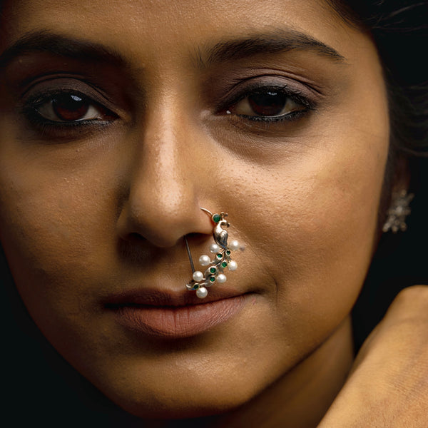 Pearl Peacock Silver Nath (Pierced, Left) by MOHA