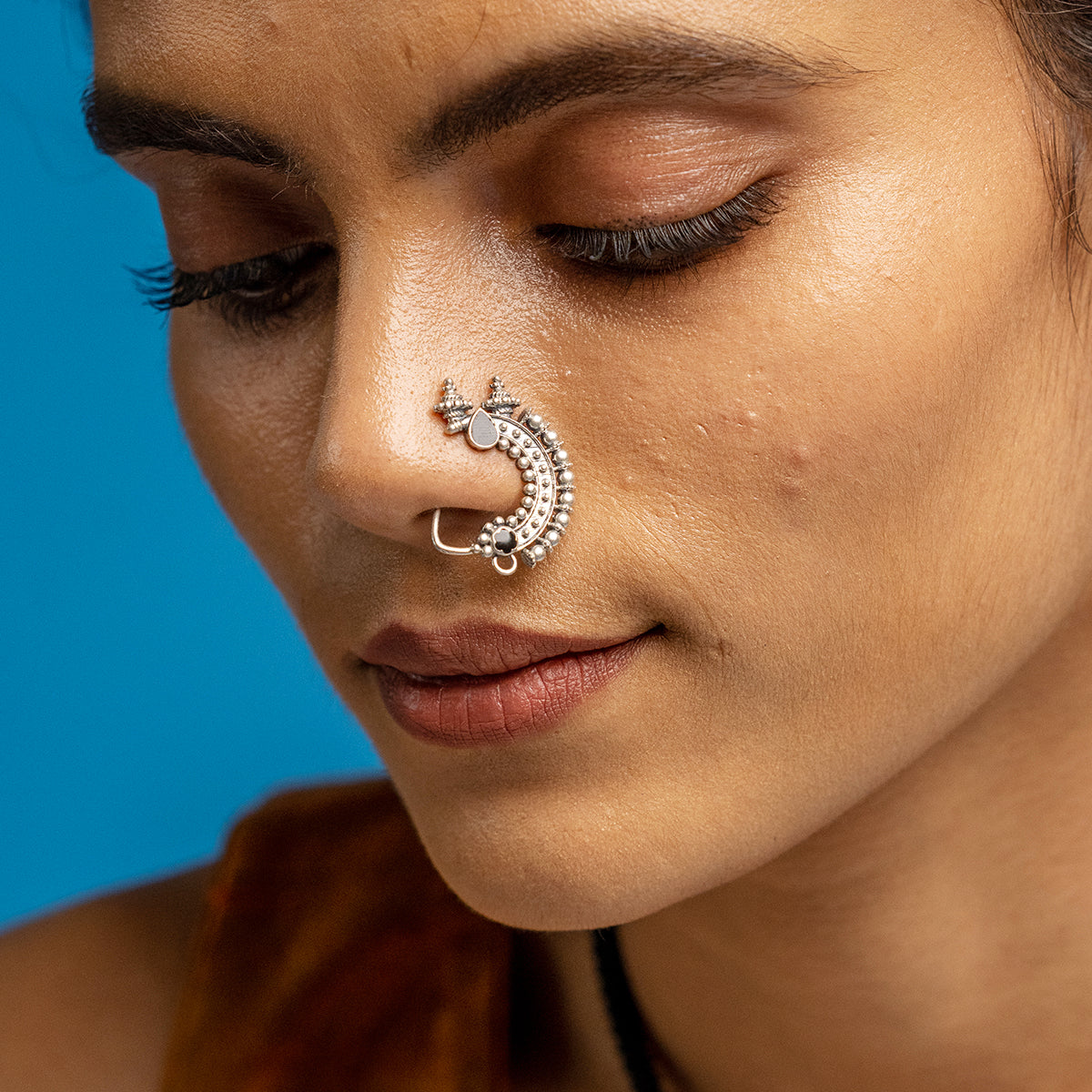 Temple Silver Nath/Nose Ring - Black, Clip On Left
