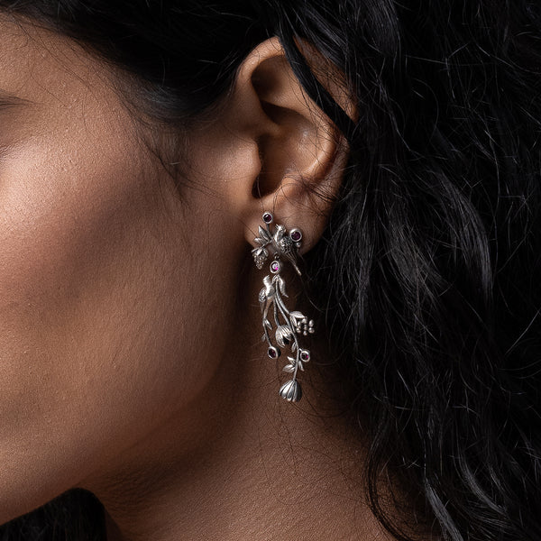 William Morris - Strawberry Thief Dangling Partners Silver Earrings by Moha