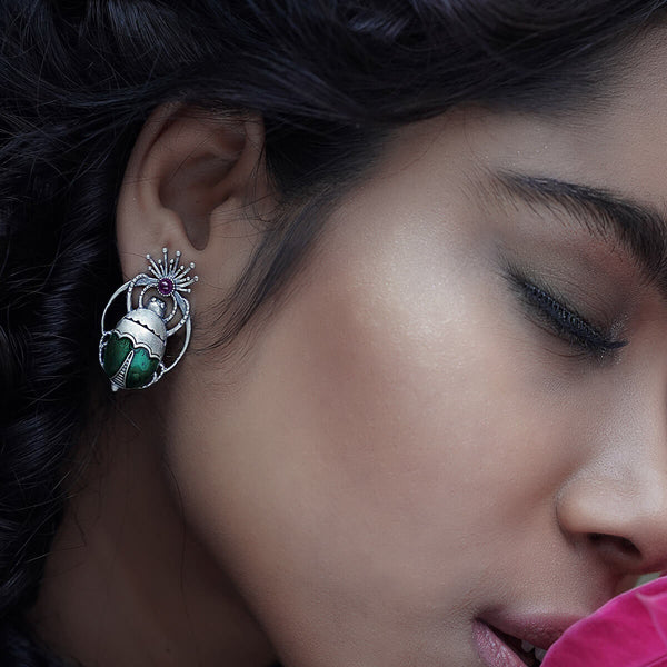 Bhramara Silver Stud With Pink Rubellite Stone Earrings - Without Tail by MOHA