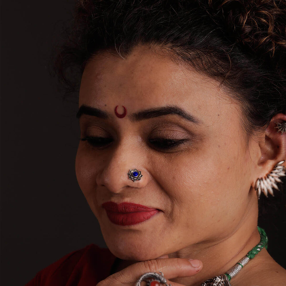 lotus silver nose pin pierced lapiz stone