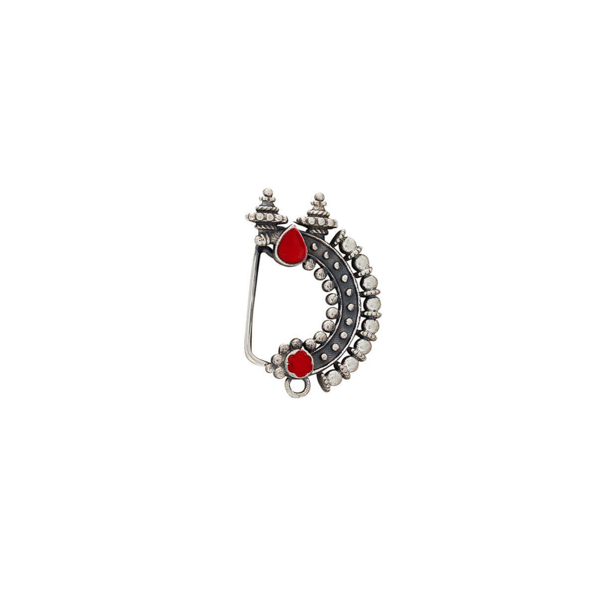 Temple Silver Nath - Red, Clip On Left
