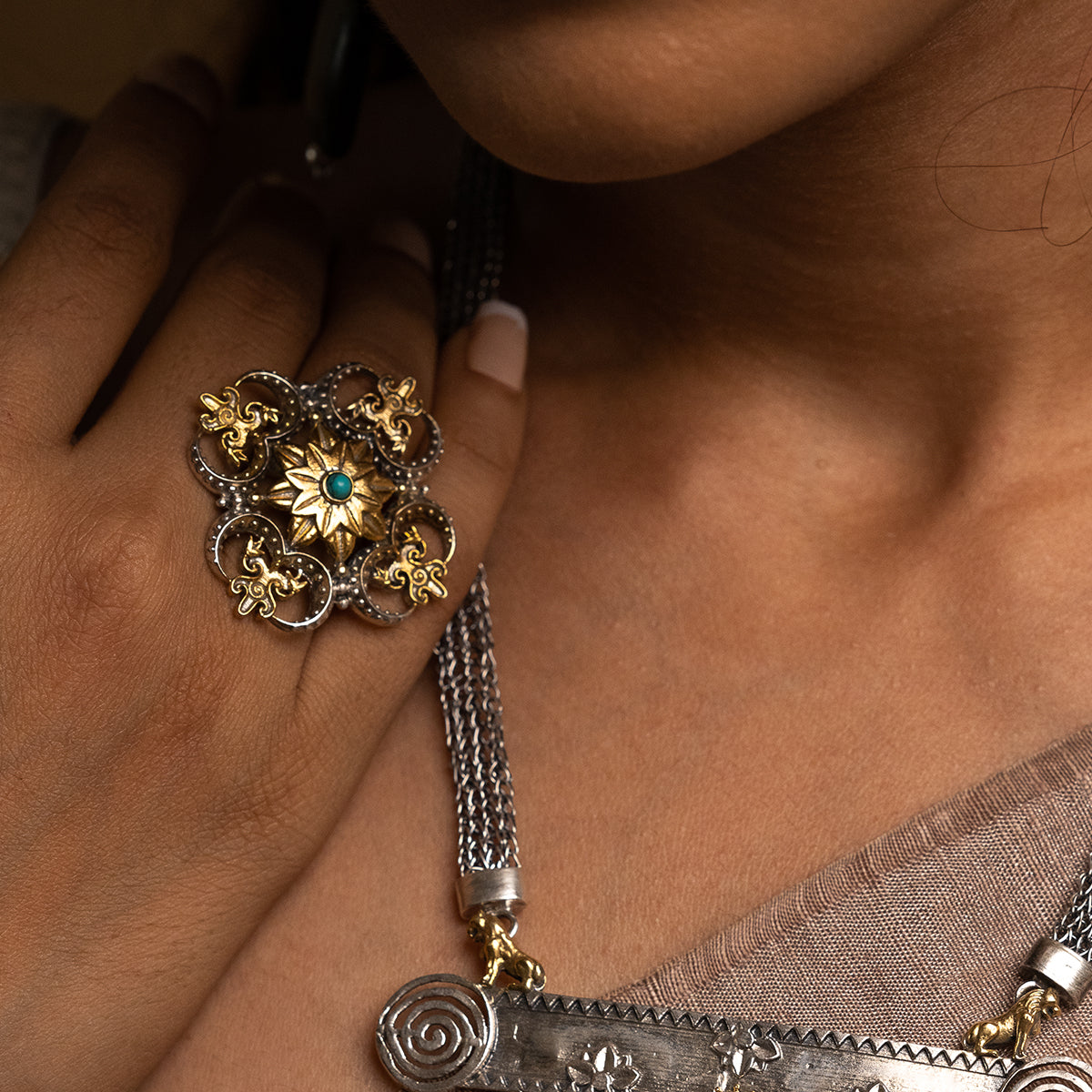 triratna mandala silver finger ring